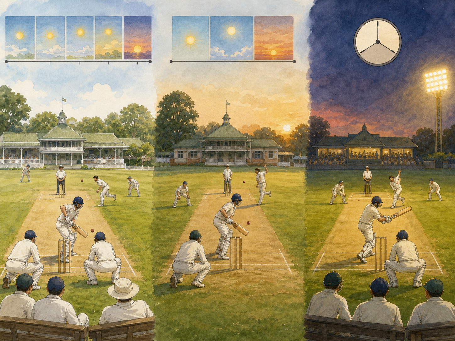 Three cricket matches move from repeated days to one day and then a short floodlit evening game.