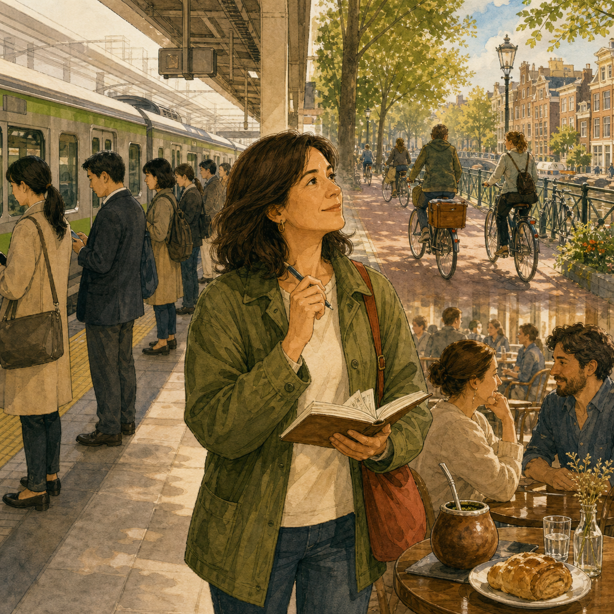 An adult learner stands where a Japanese train queue, an Amsterdam canal bicycle path, and a Buenos Aires café with mate meet in one connected scene.