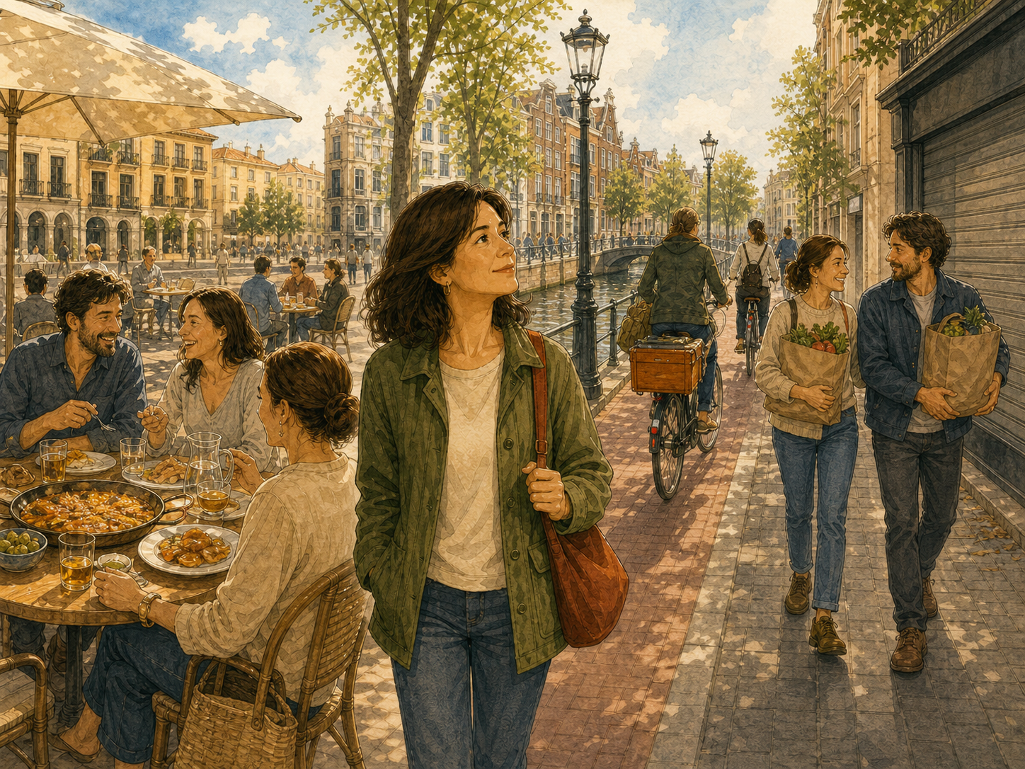 An adult learner observes a late outdoor lunch, people cycling beside a canal, and a family carrying groceries past a closed shop.