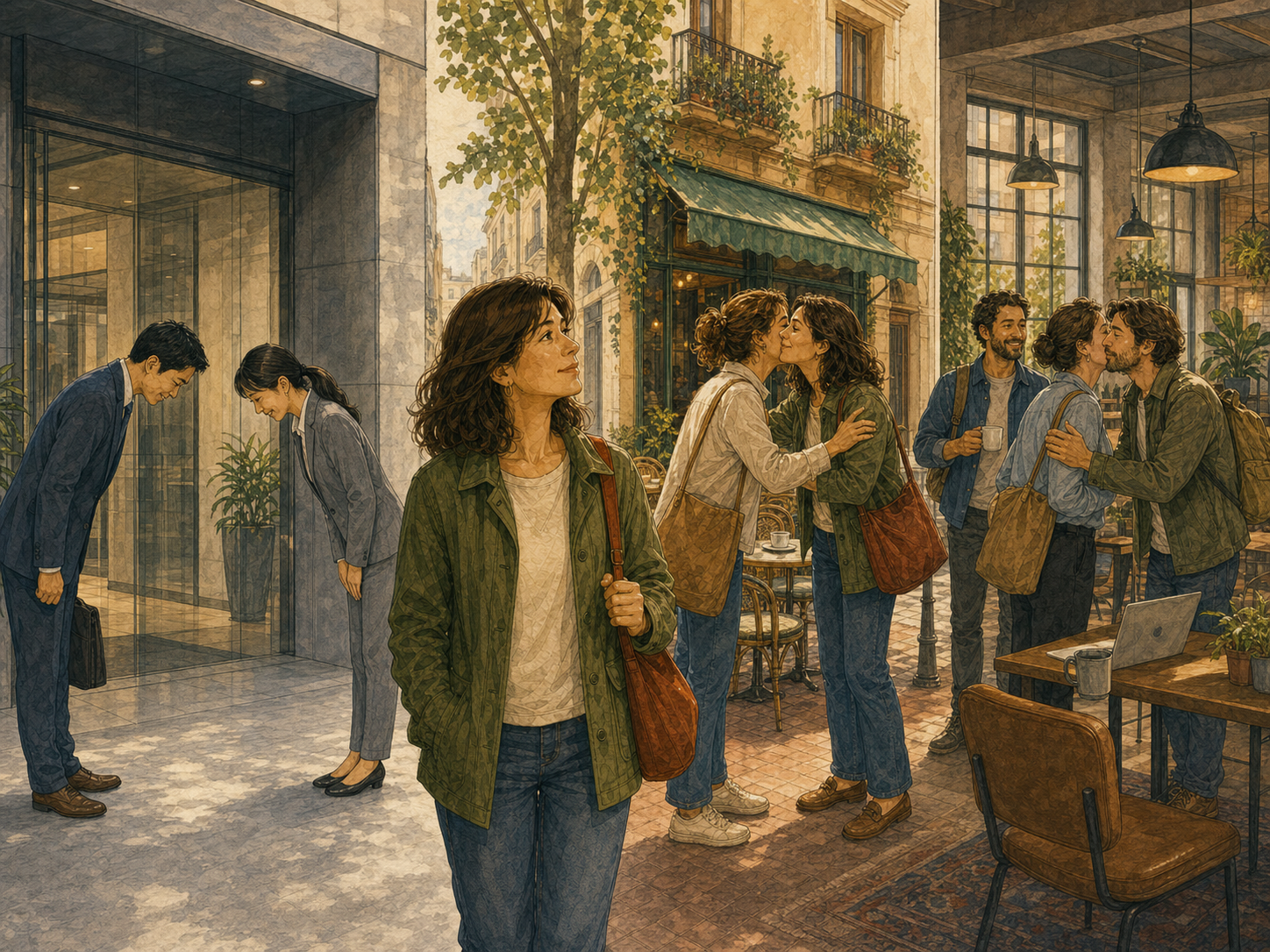 An adult learner watches Japanese colleagues bow, Madrid friends greet with a cheek kiss, and Buenos Aires coworkers greet in a café.