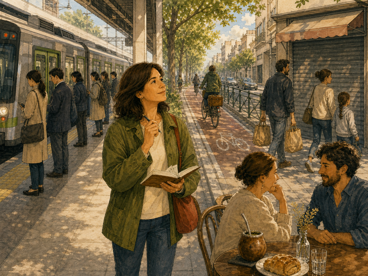 An adult learner observes an orderly train queue, a protected bicycle lane, a family carrying groceries, and friends sharing mate at a café.