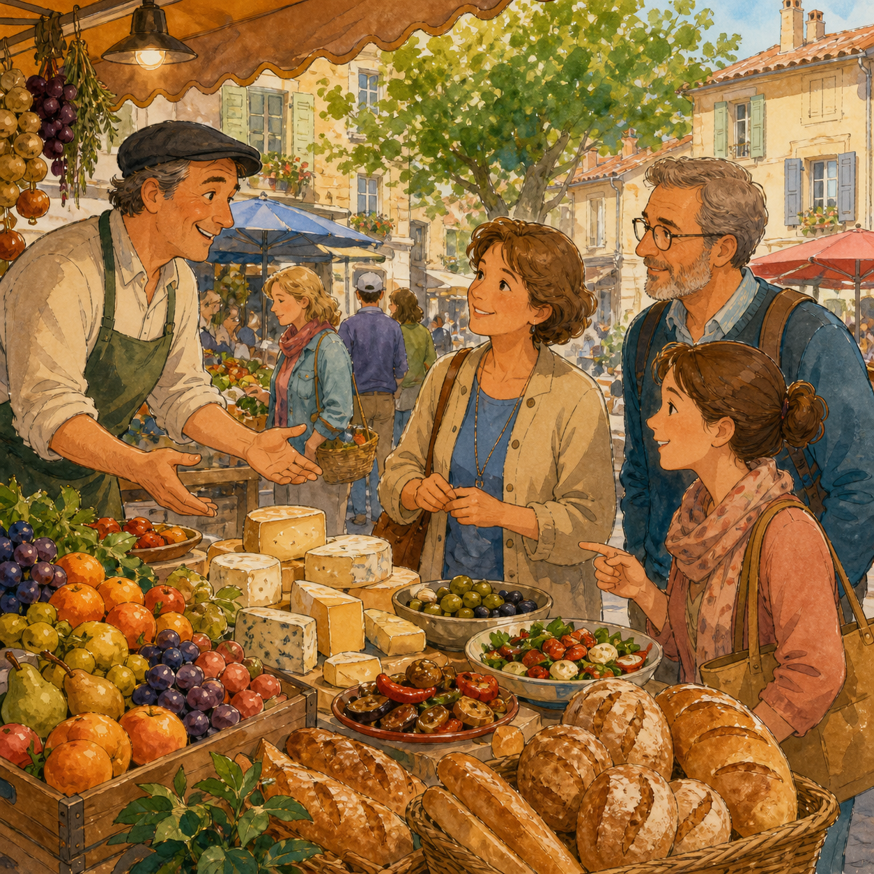 Shoppers chat with a market seller beside displays of bread, cheese, fruit, olives, and prepared food at a sunny European market.