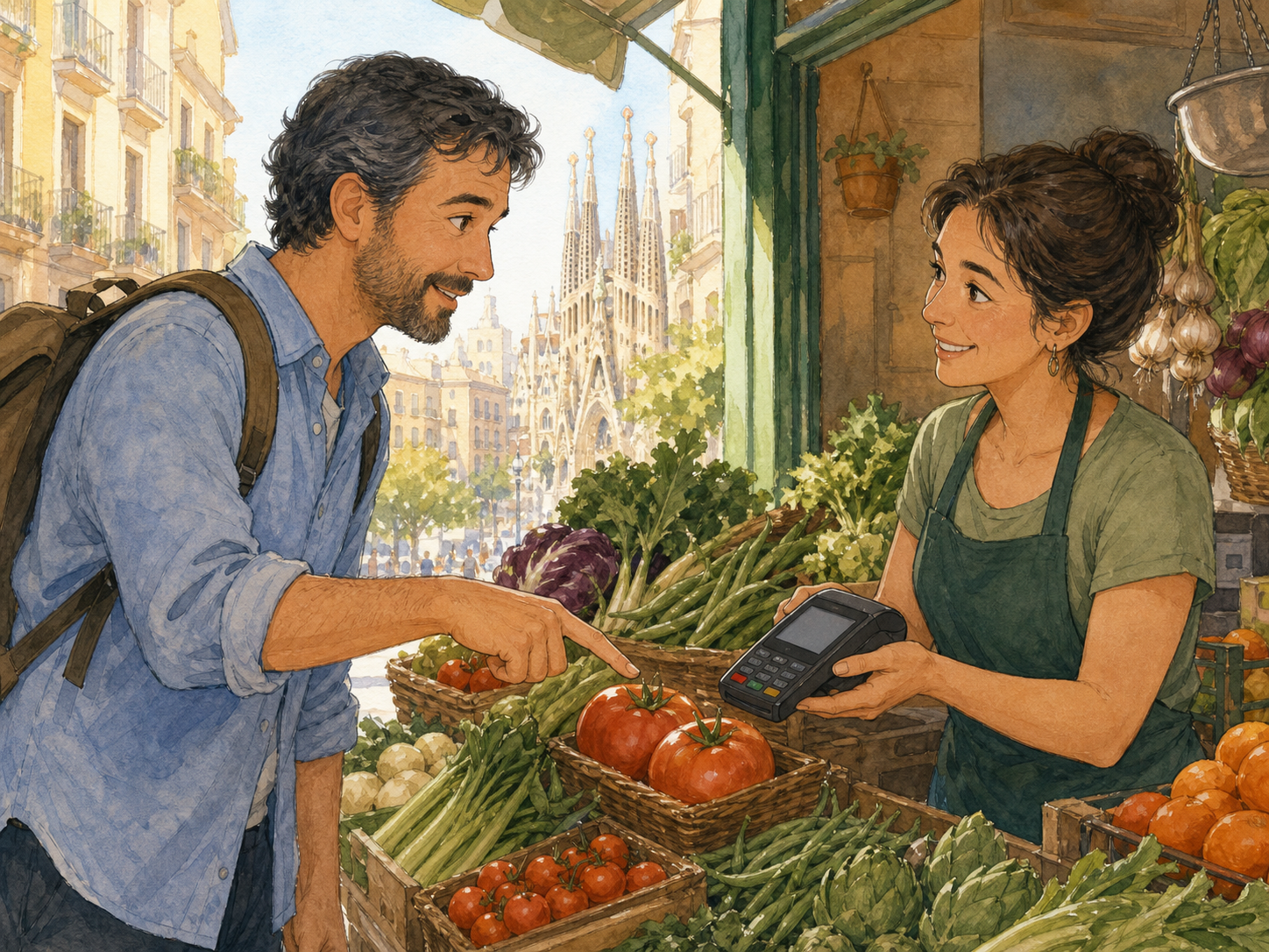 An adult traveller points to tomatoes while a market seller holds out a card terminal at a Barcelona produce stall.