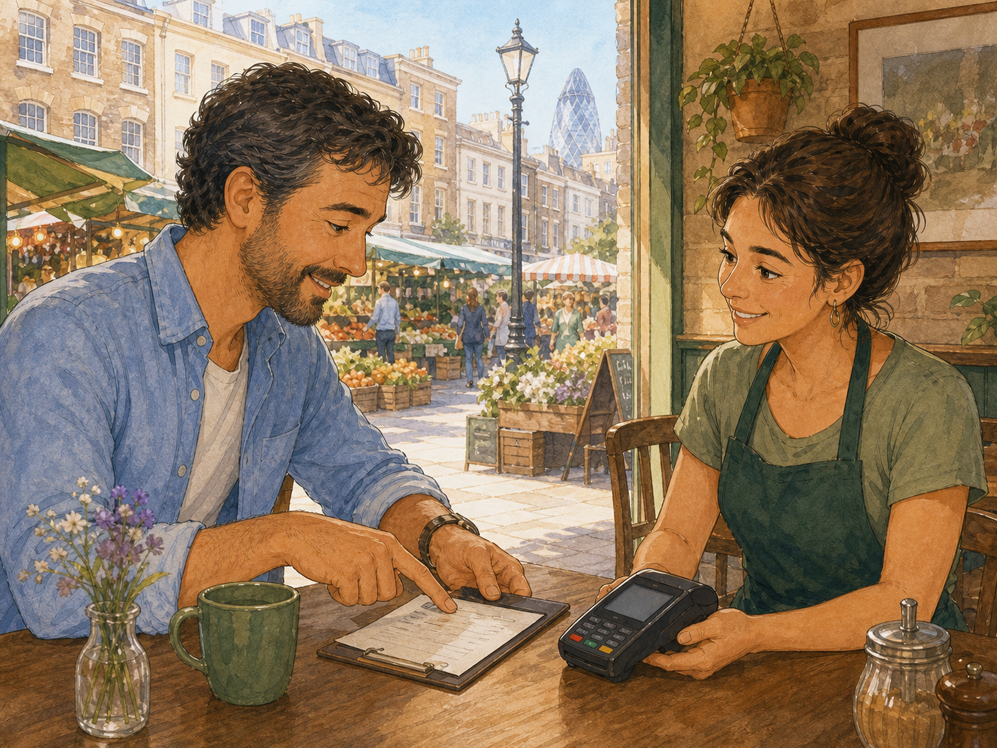An adult traveller points to a café bill while a server holds a card terminal beside a London food market.
