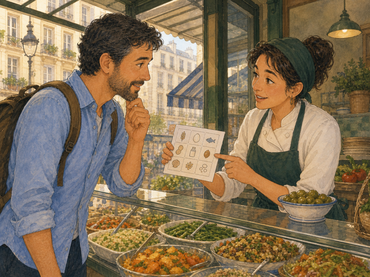 An adult traveller listens as a cook points to allergen symbols at a prepared-food counter in a covered Paris market.