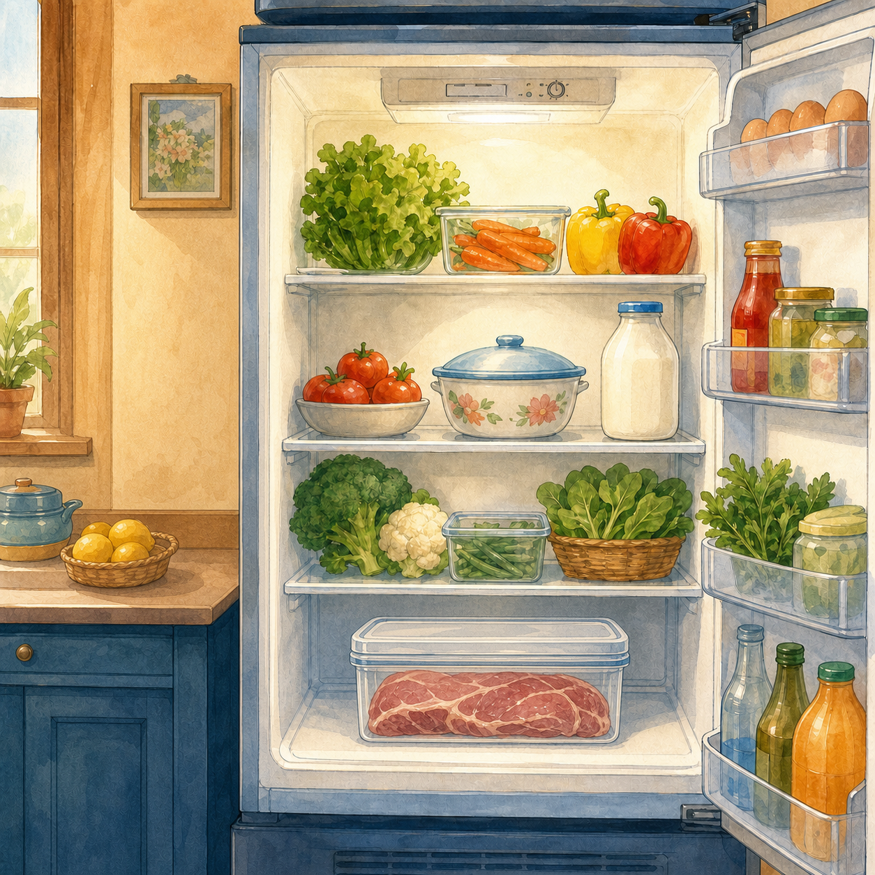 An open refrigerator with fresh food and raw meat sealed separately at the bottom.