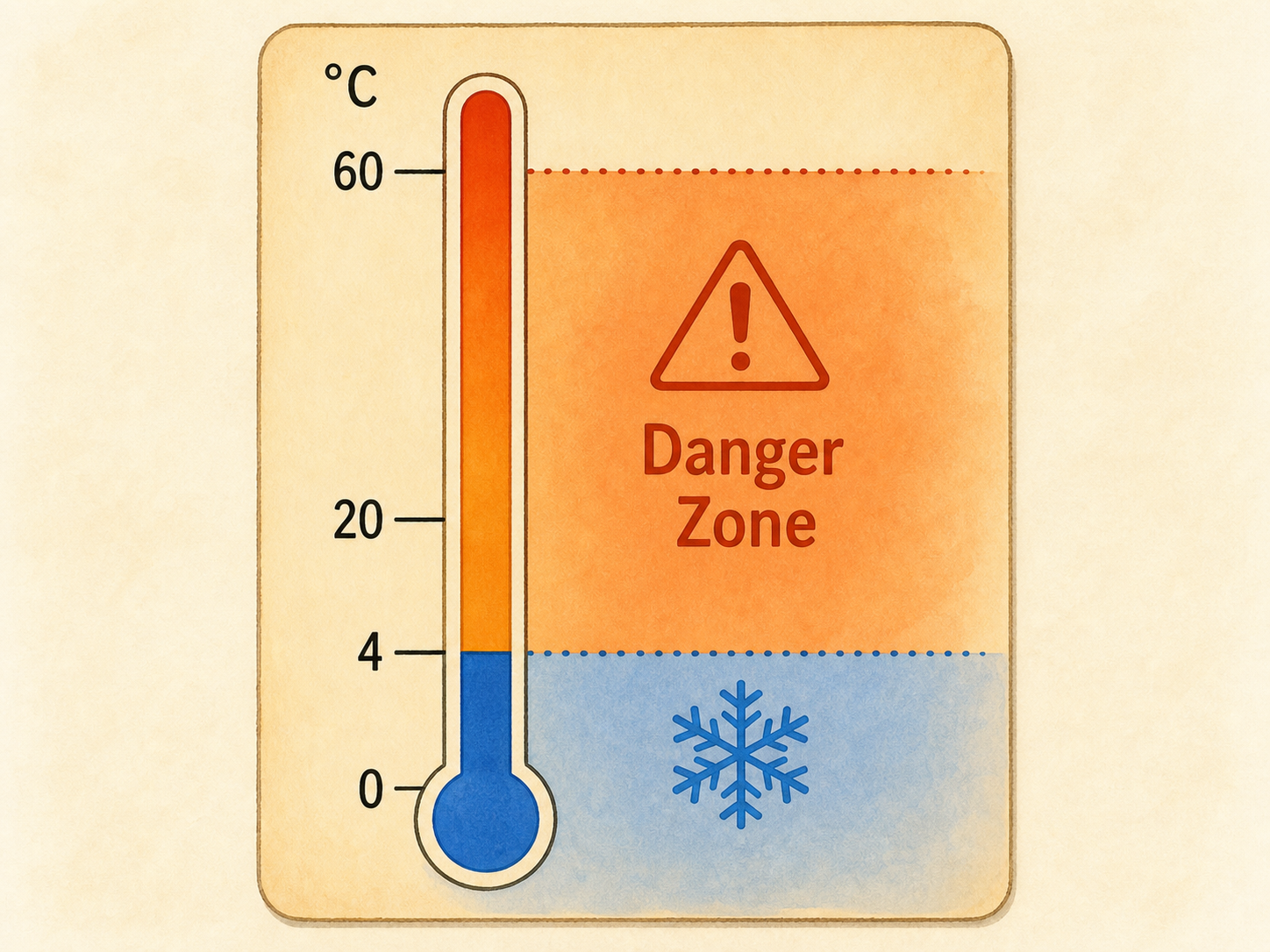 A thermometer shows the food-safety Danger Zone from 4 to 60 degrees Celsius.