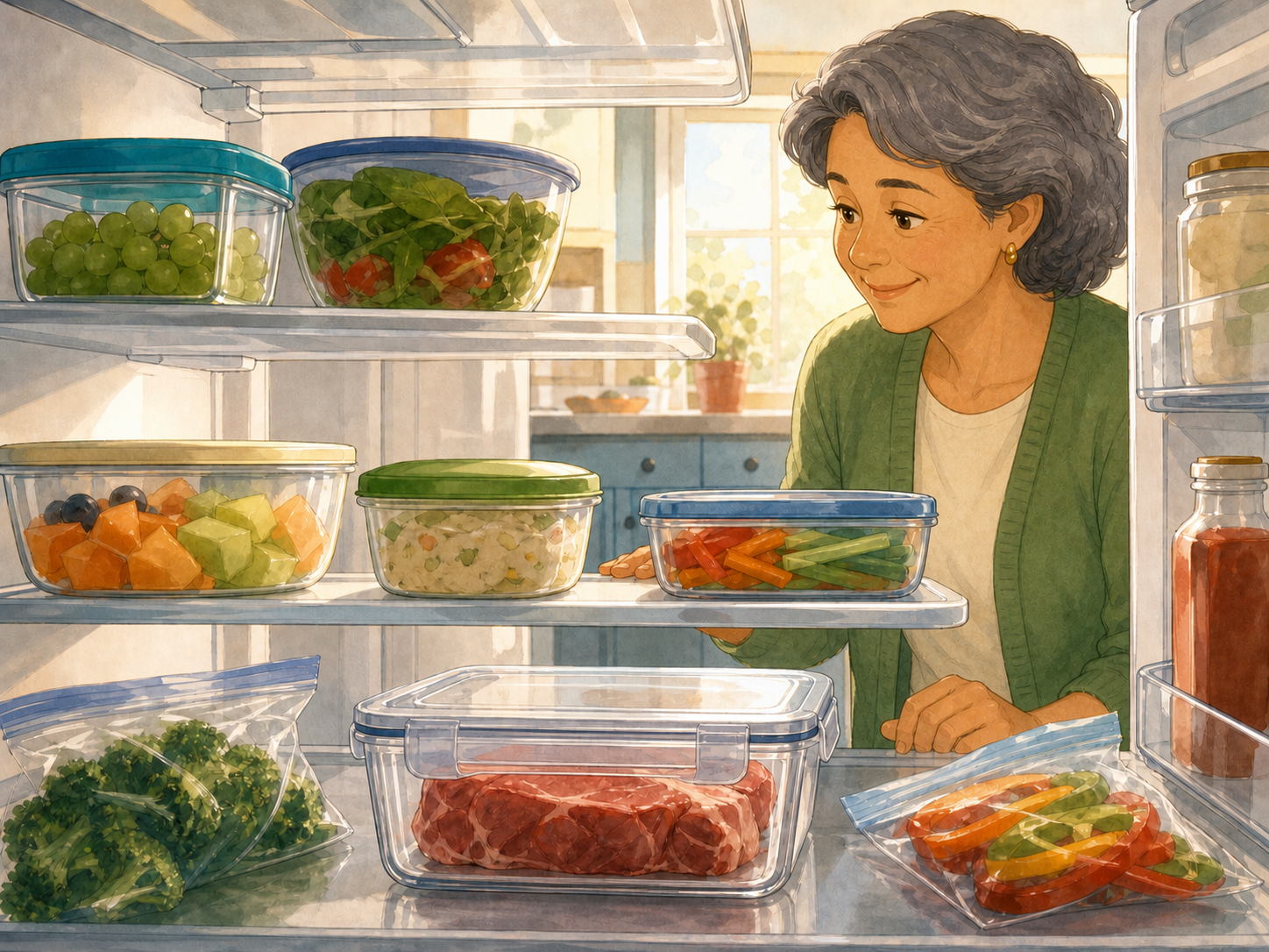 A gray-haired woman checks covered foods and raw meat sealed separately in a refrigerator.