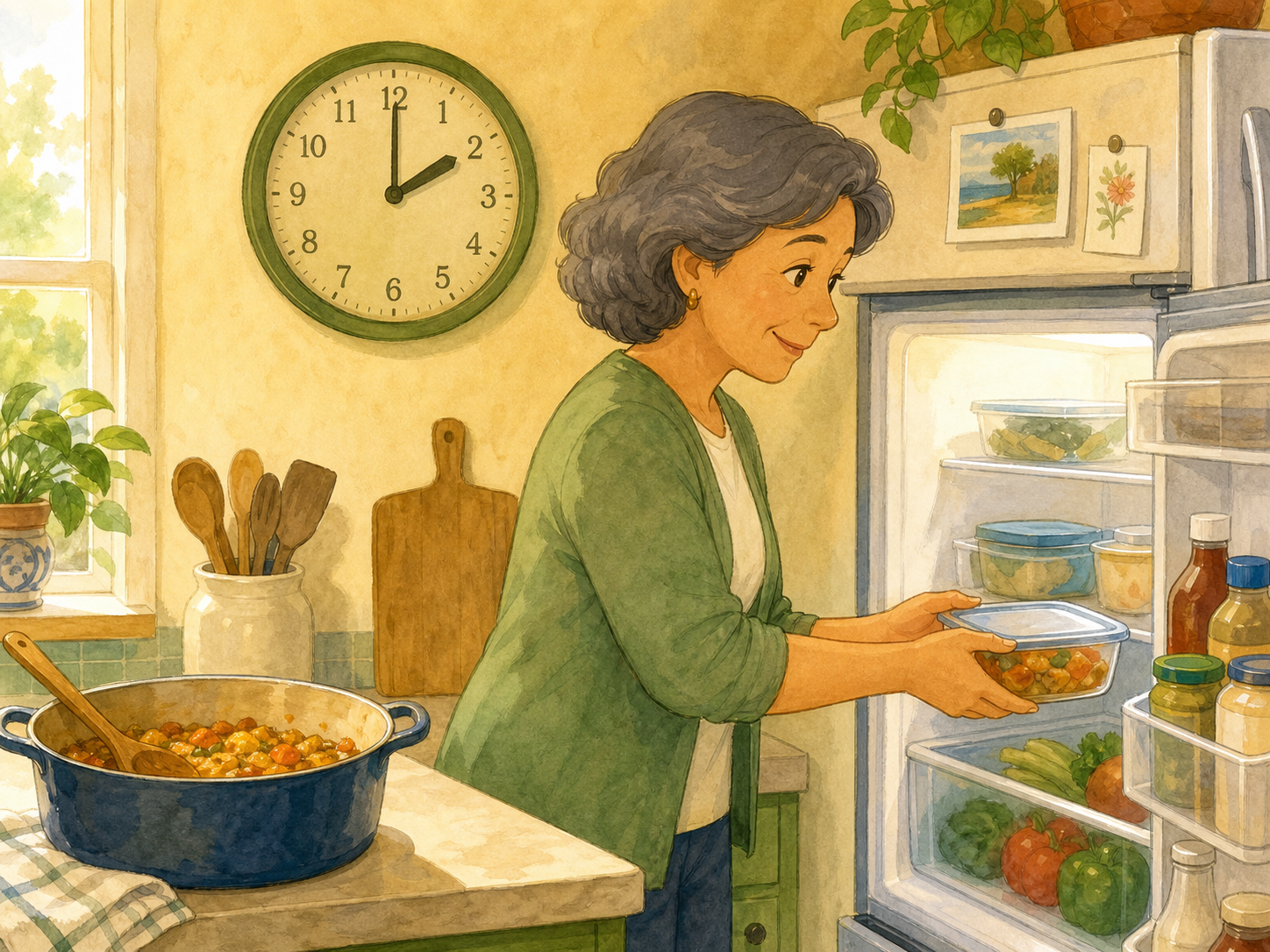 A gray-haired woman puts leftovers in a shallow container into the fridge near a clock.
