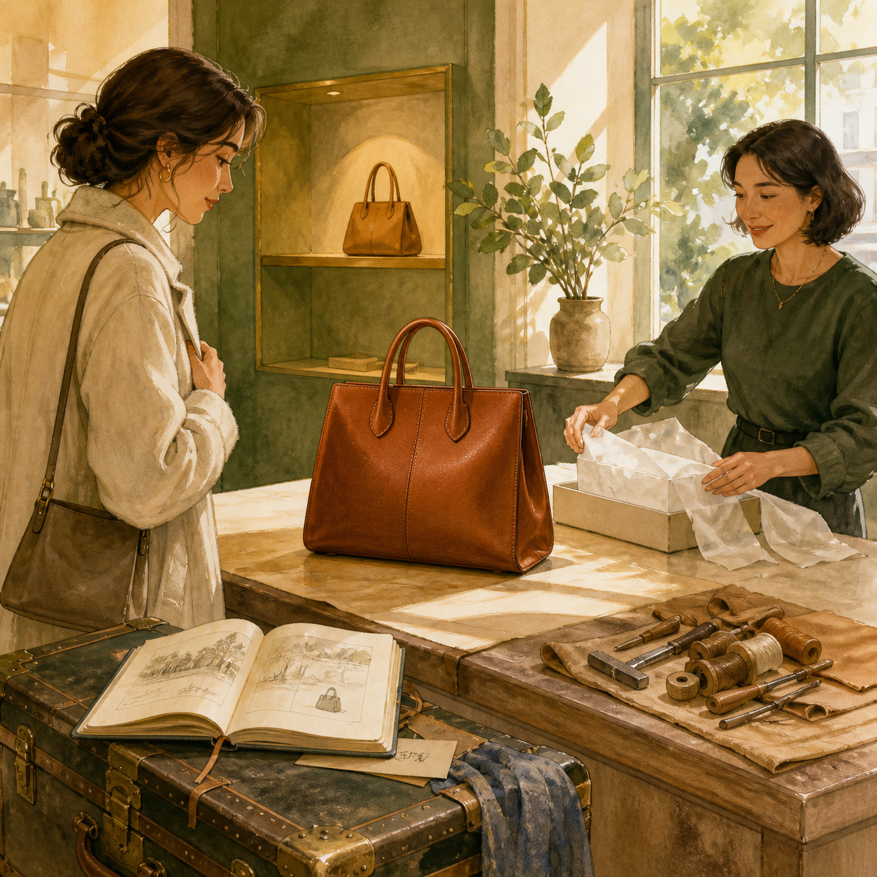 An adult customer considers an unbranded leather bag as a salesperson prepares gift wrapping beside artisan tools, a sketchbook, and an old travel trunk.