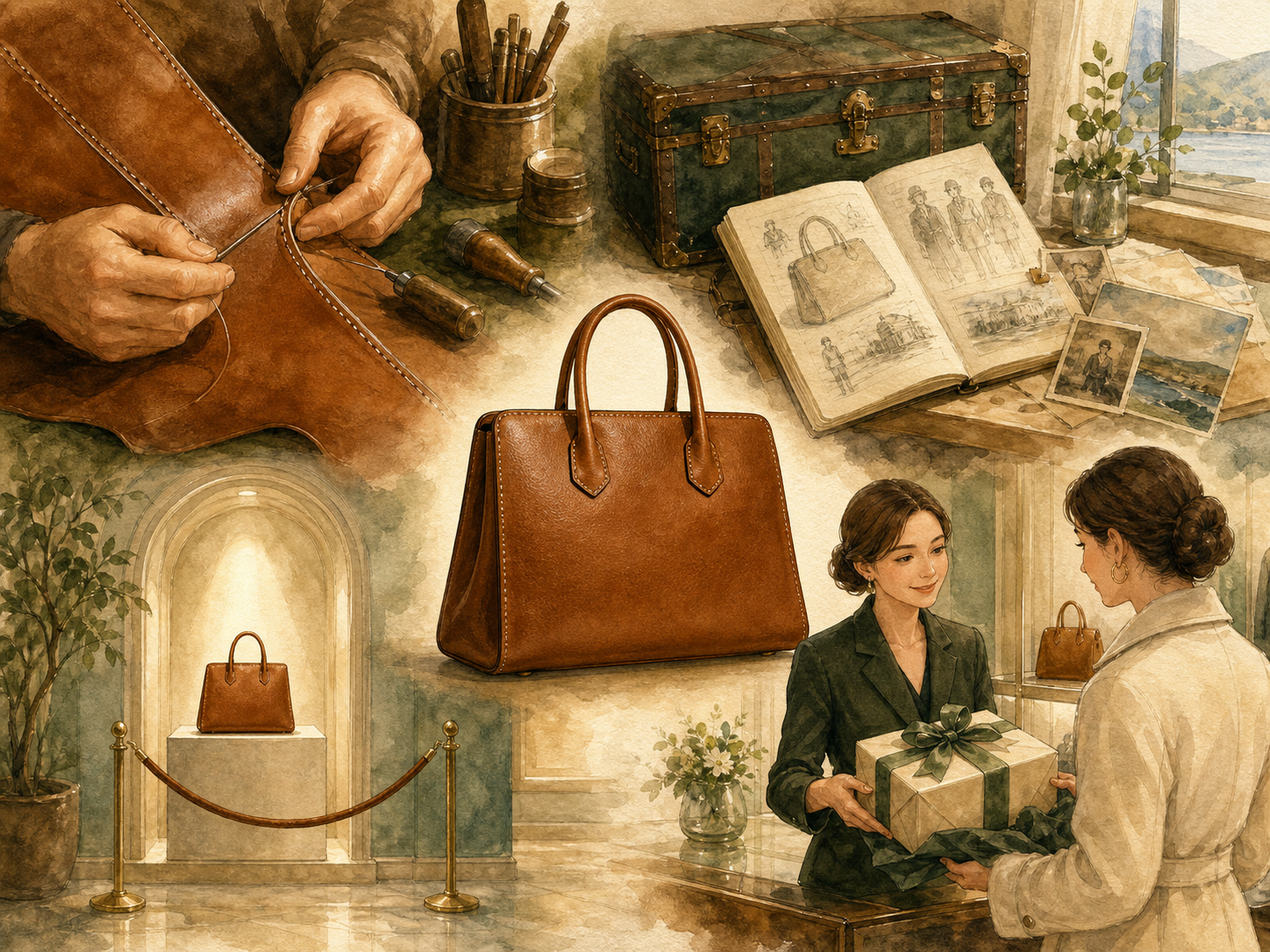 Four connected scenes surround one unbranded bag: leather stitching, an old trunk and design book, a roped single-item display, and a salesperson presenting a wrapped box.