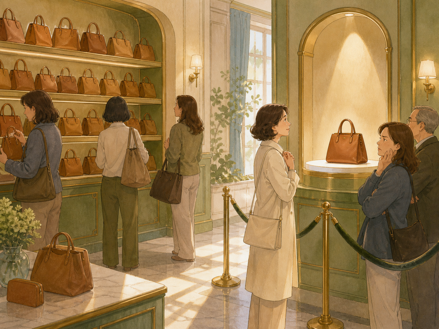 A crowded wall of similar bags contrasts with one bag displayed alone behind a velvet rope as customers wait with interest and frustration.
