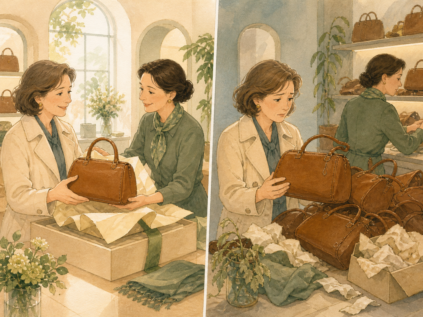 A careful presentation of one well-made bag contrasts with a loose-handled bag, messy wrapping, piled copies, and disappointing service.