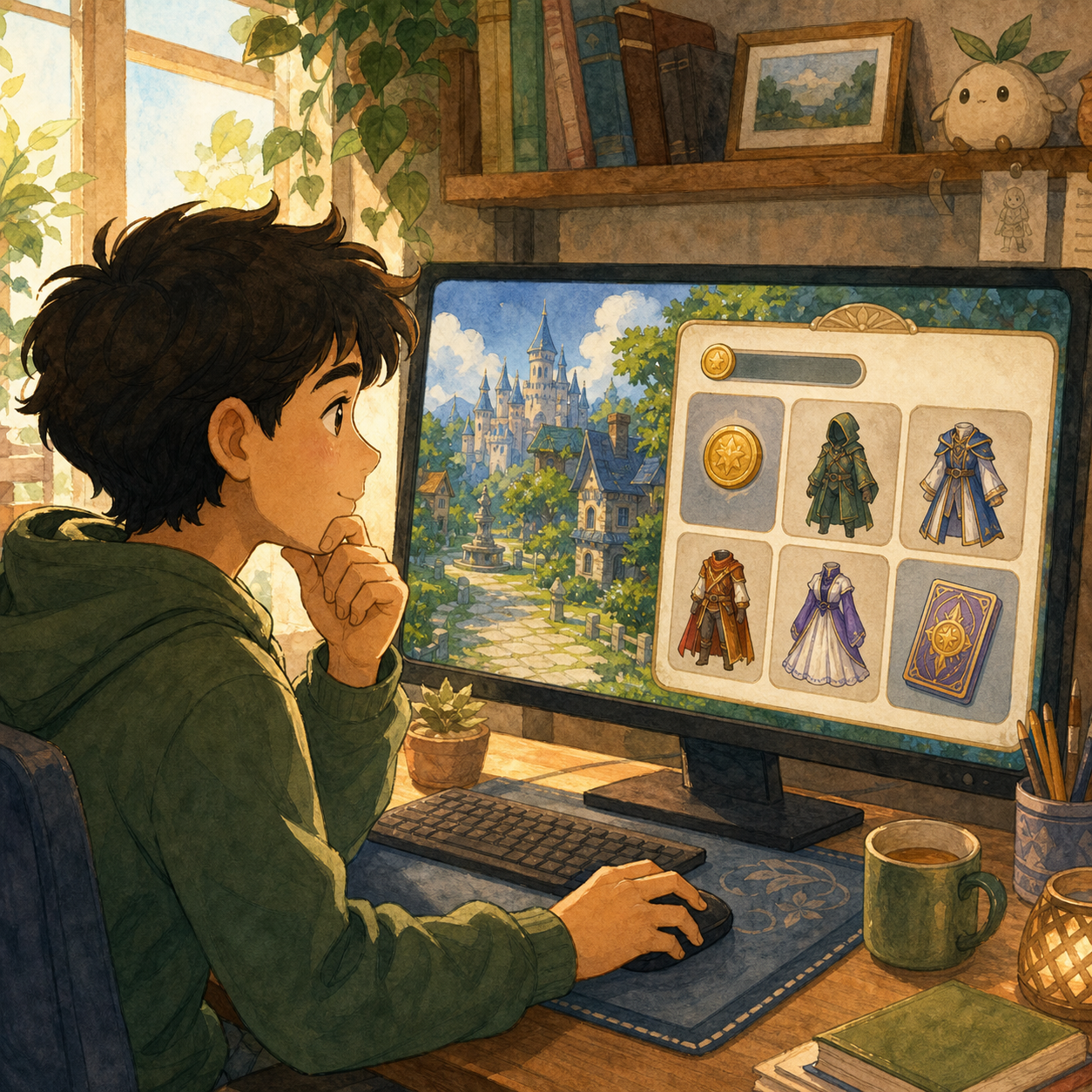 A young player studies a fantasy game shop with virtual coins and outfits at a cozy desk.