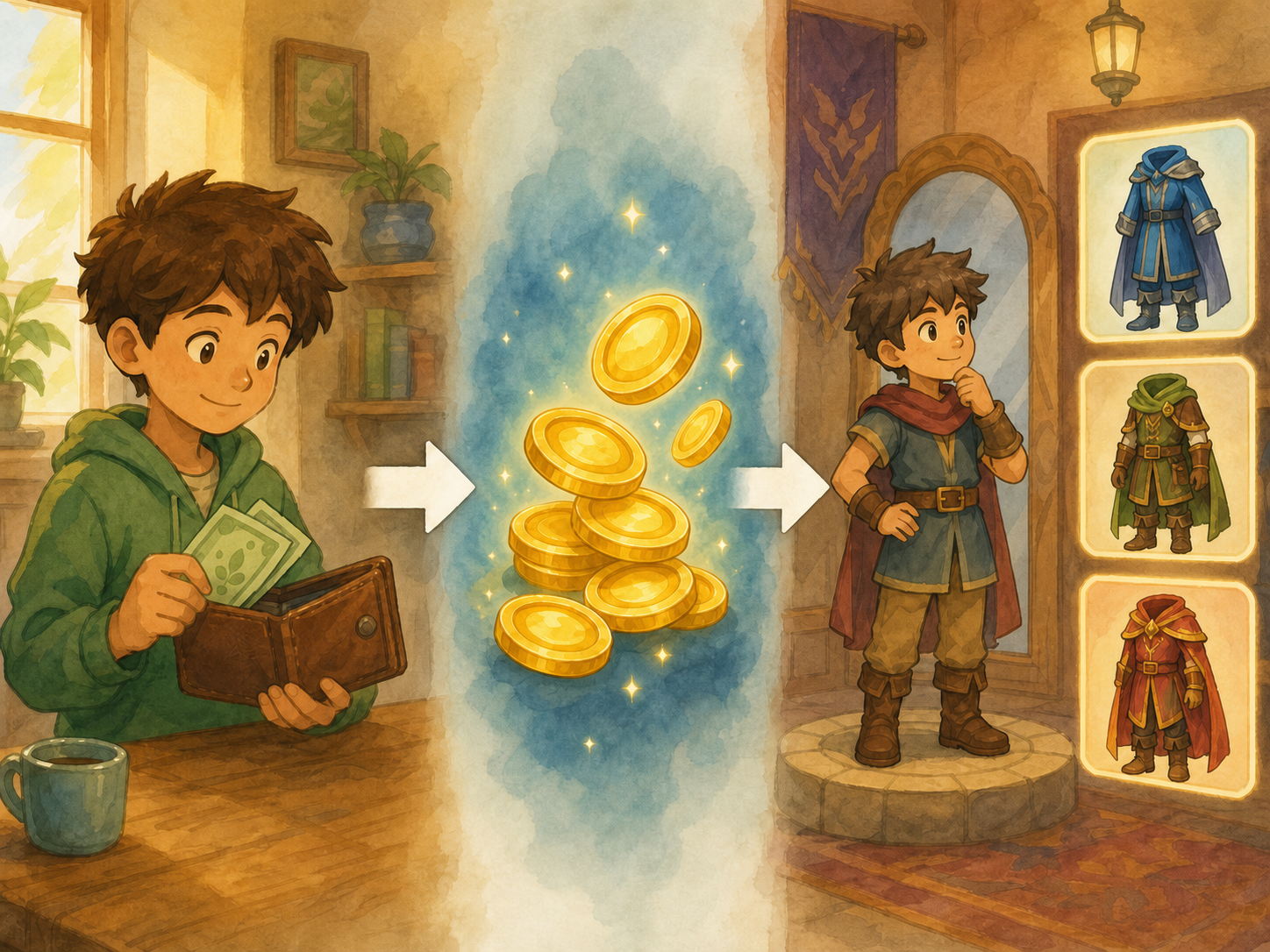 Arrows show money from a wallet changing into game coins and then a digital outfit.