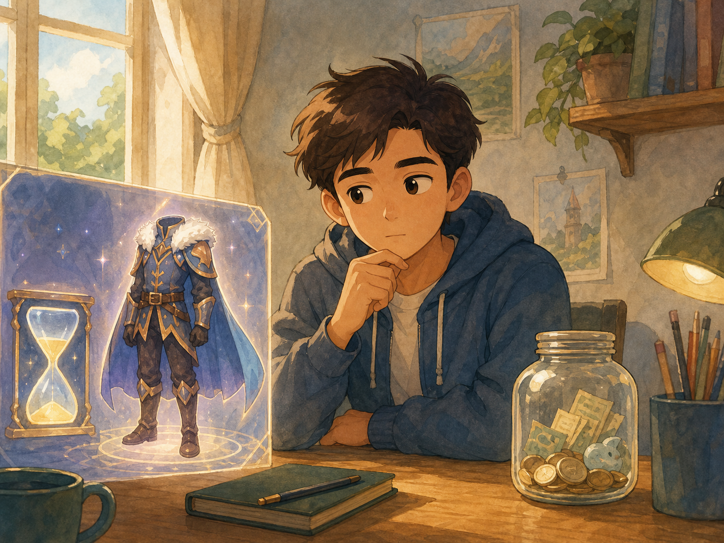 A young player pauses between a limited-time outfit and a savings jar before choosing.