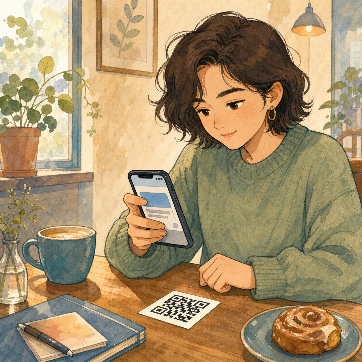 A learner scans a QR code card with a phone at a café table.