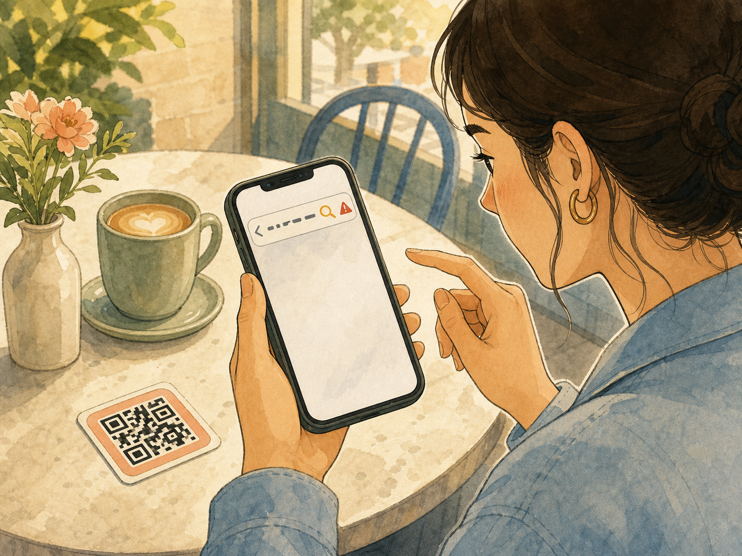 A learner pauses to check a web address and warning sign before opening a QR code link.