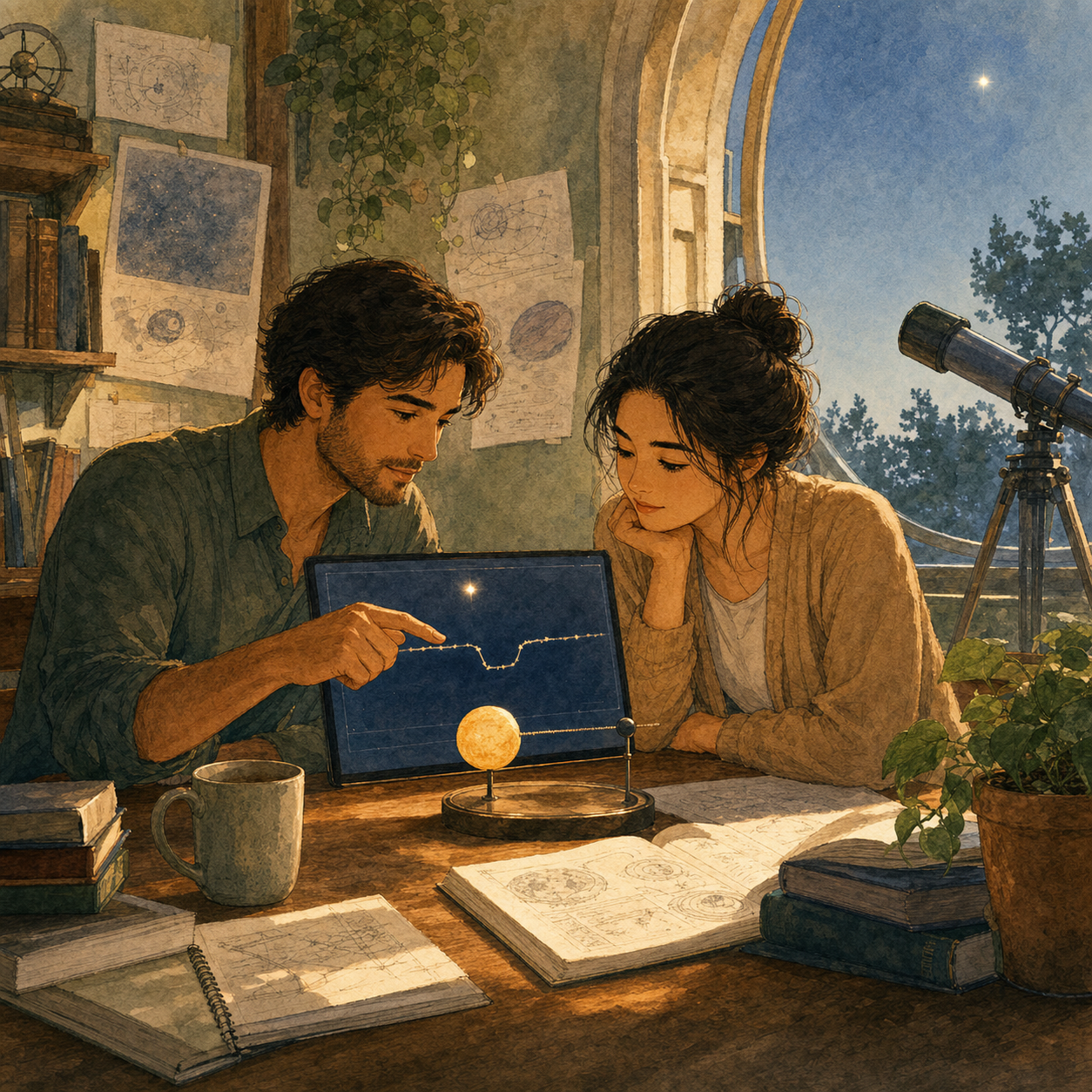 Two adults compare a transit light curve and orbital model in a warm observatory while a telescope points toward a distant star.