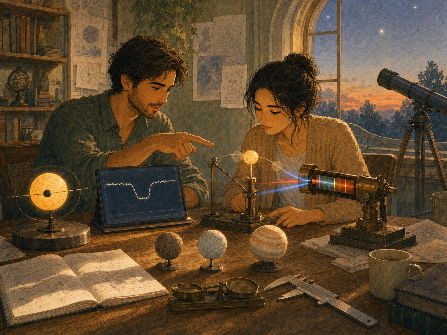 An astronomer and learner compare a transit light dip, a red-blue stellar wobble, and rocky, icy, and gaseous model worlds.