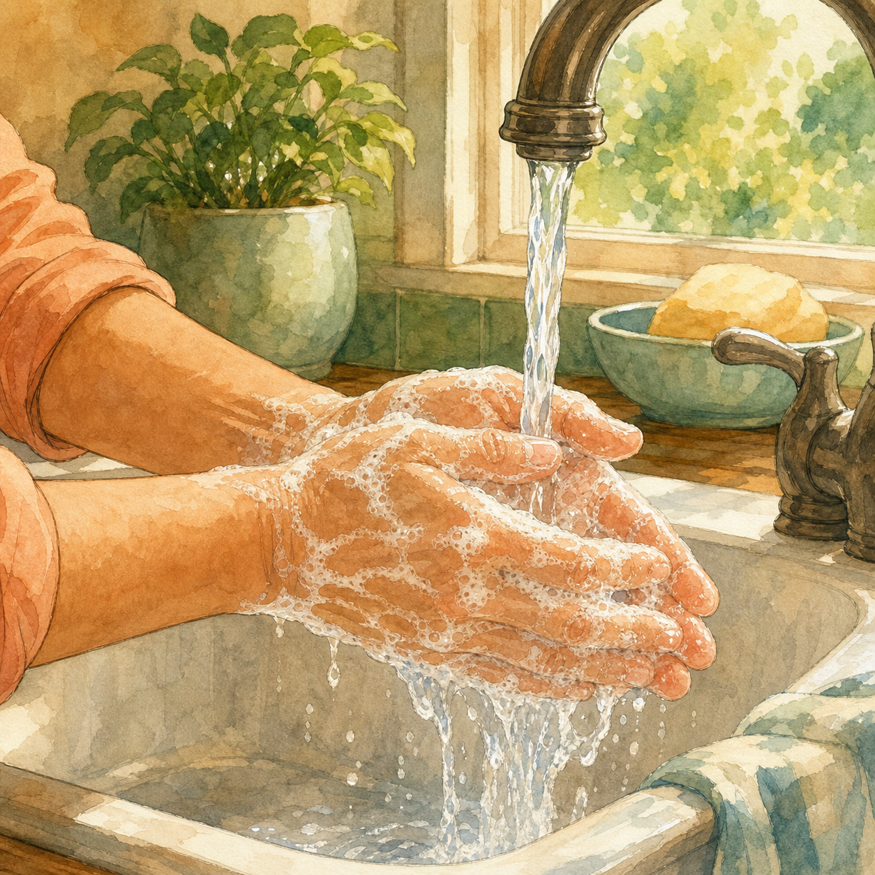 Adult hands covered in soap lather under clean running water at a kitchen sink.