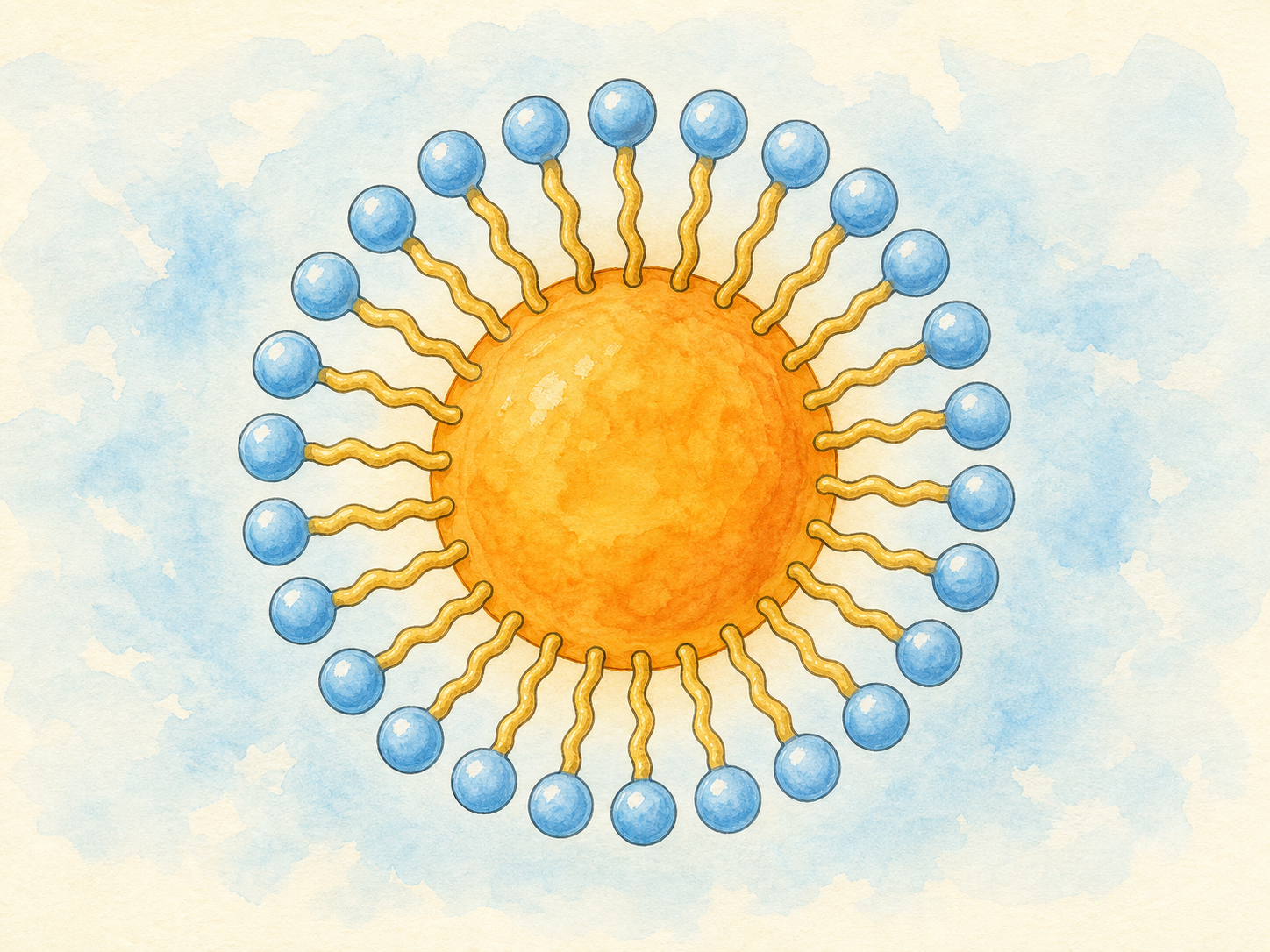 Soap molecules surround one orange grease drop with their tails inward and heads outward.