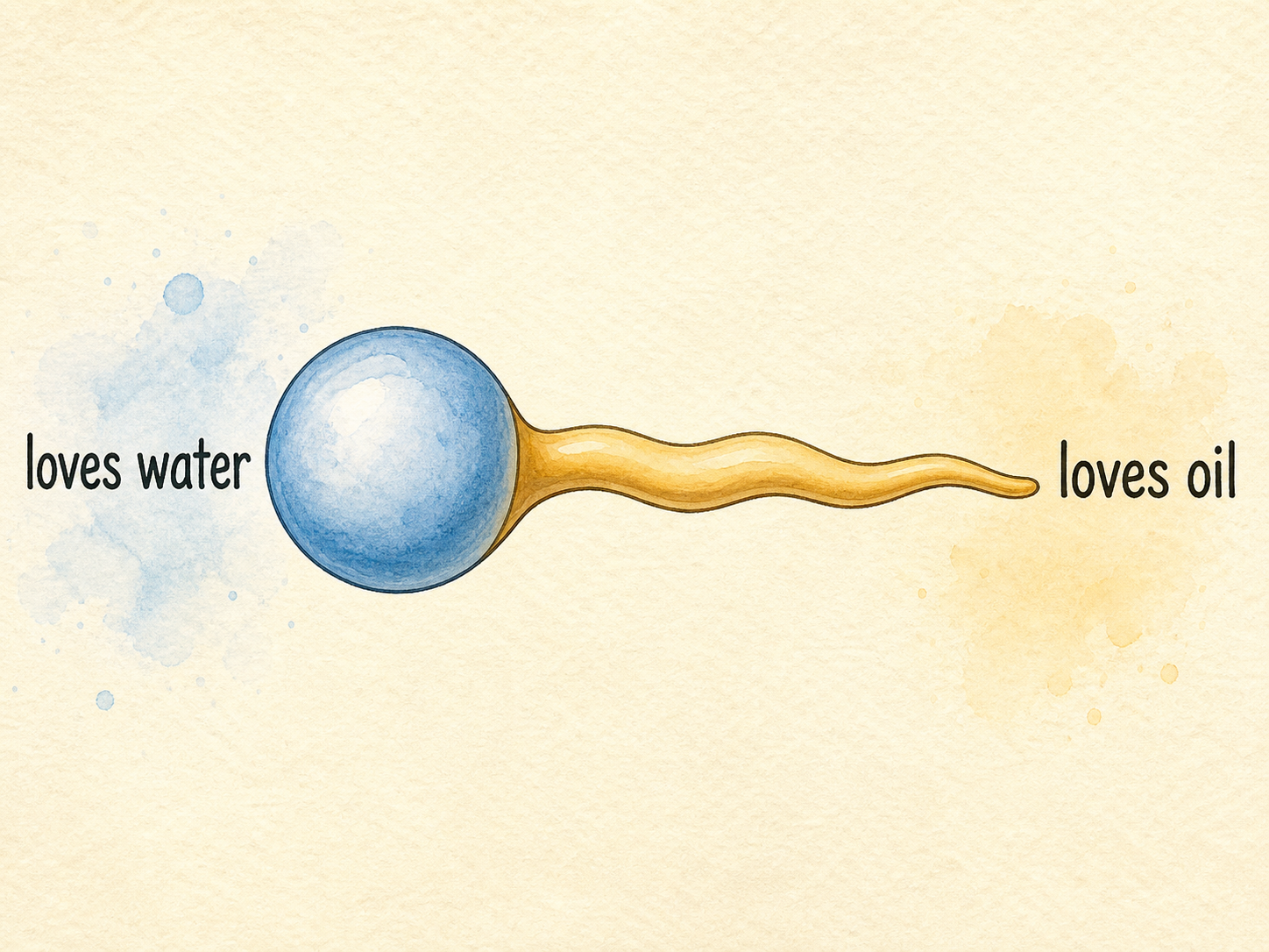 A soap molecule has a round head that loves water and a long tail that loves oil.