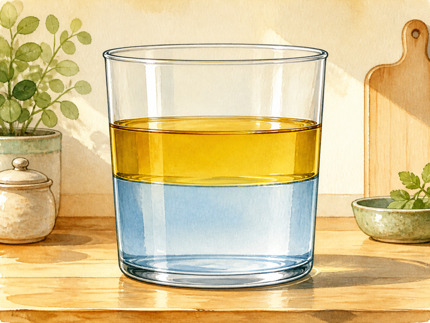 A glass shows a golden oil layer floating above a separate blue water layer.