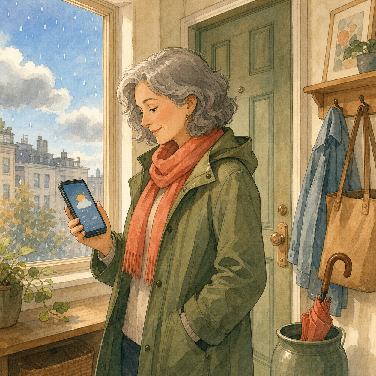 Mature woman checks a mixed-weather forecast before leaving home with a jacket, bag, and umbrella ready.