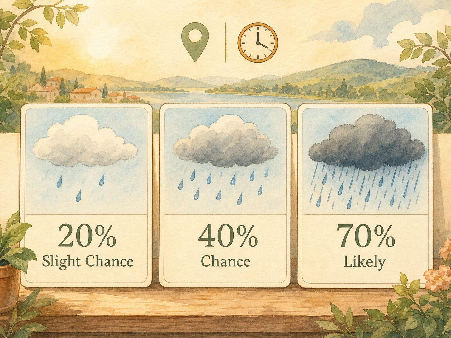 Forecast cards compare a 20 percent slight chance, 40 percent chance, and 70 percent likely rain for one place and time.