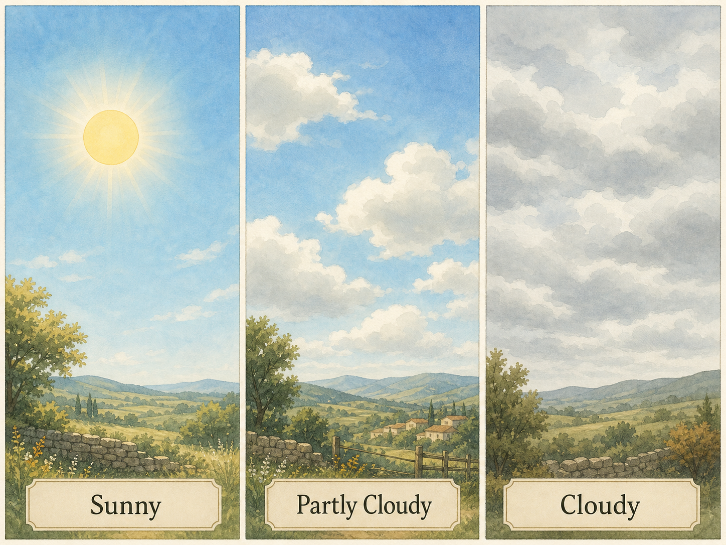 Three views compare sunny, partly cloudy, and cloudy skies.