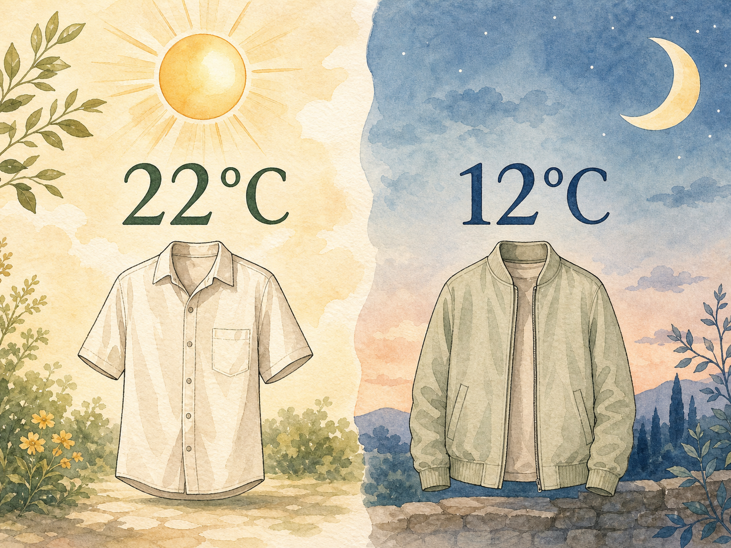 A daily high of 22 degrees Celsius with a light shirt and a low of 12 degrees Celsius with a light jacket.