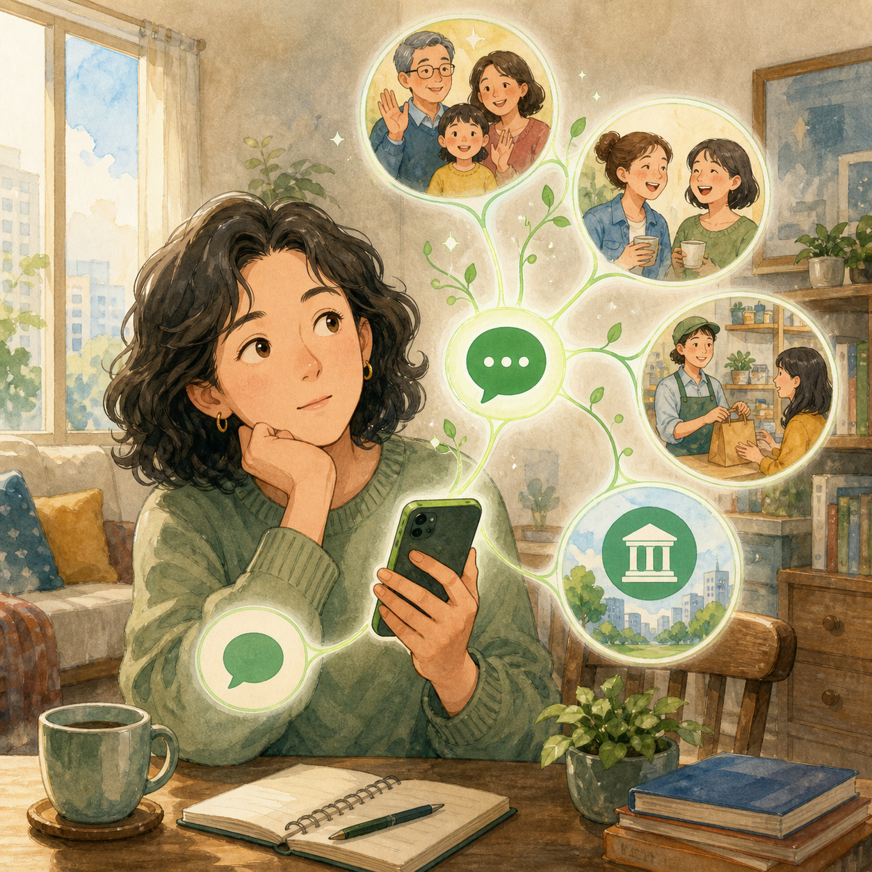 A woman uses her phone at a kitchen table while connected circles show family, friends, a shop, and public services.