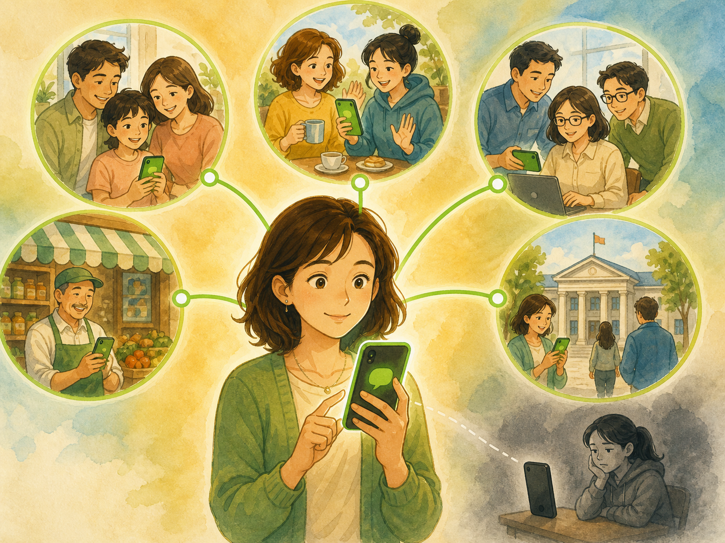 A woman at the center of a growing phone network connects with family, friends, work, shops, and public services while one user remains outside it.