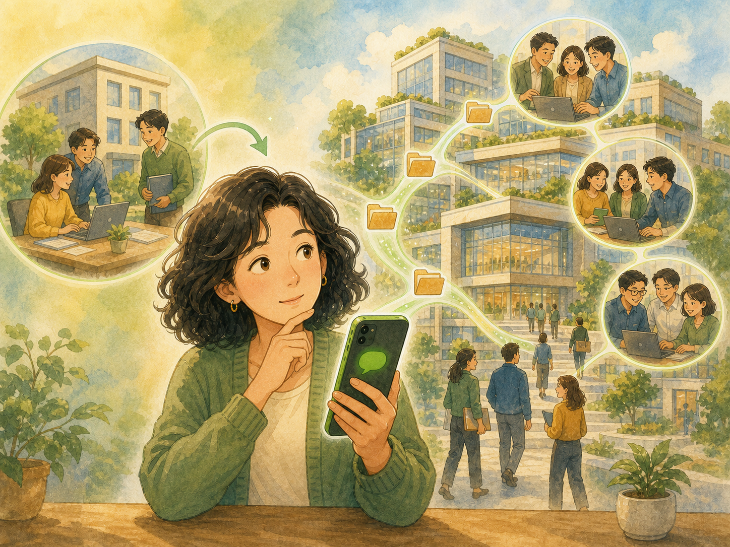 A woman keeps the same phone as a small office grows into two large company buildings with teams and shared services.