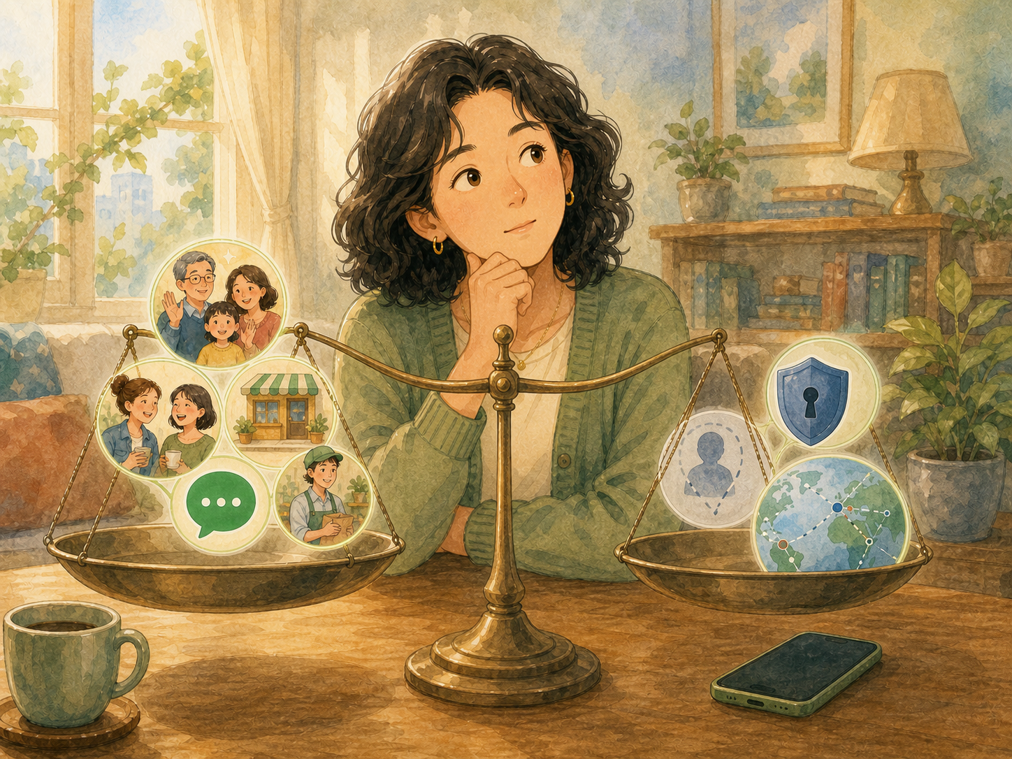A woman studies a balanced scale comparing daily connections and services with privacy, security, and regional limits.