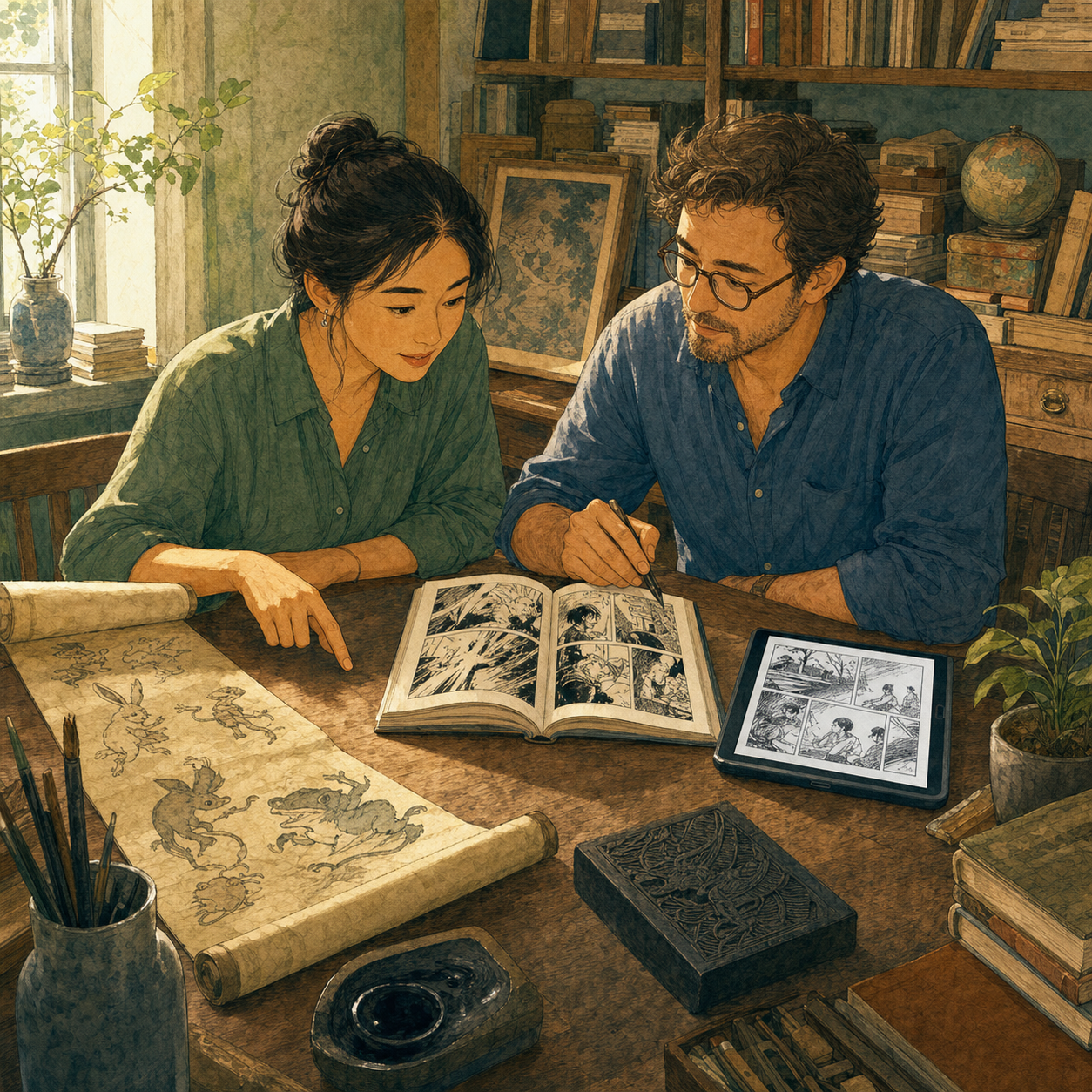 Two adults compare an old animal scroll, a printed comic, and a tablet in a sunlit illustration studio.