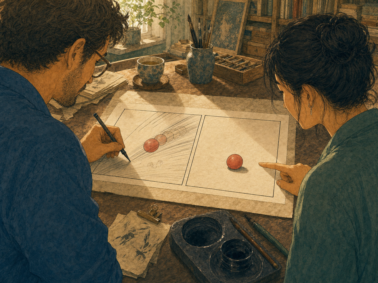 At an illustrator’s desk, one red ball has speed lines and motion echoes while an identical ball without lines looks still.