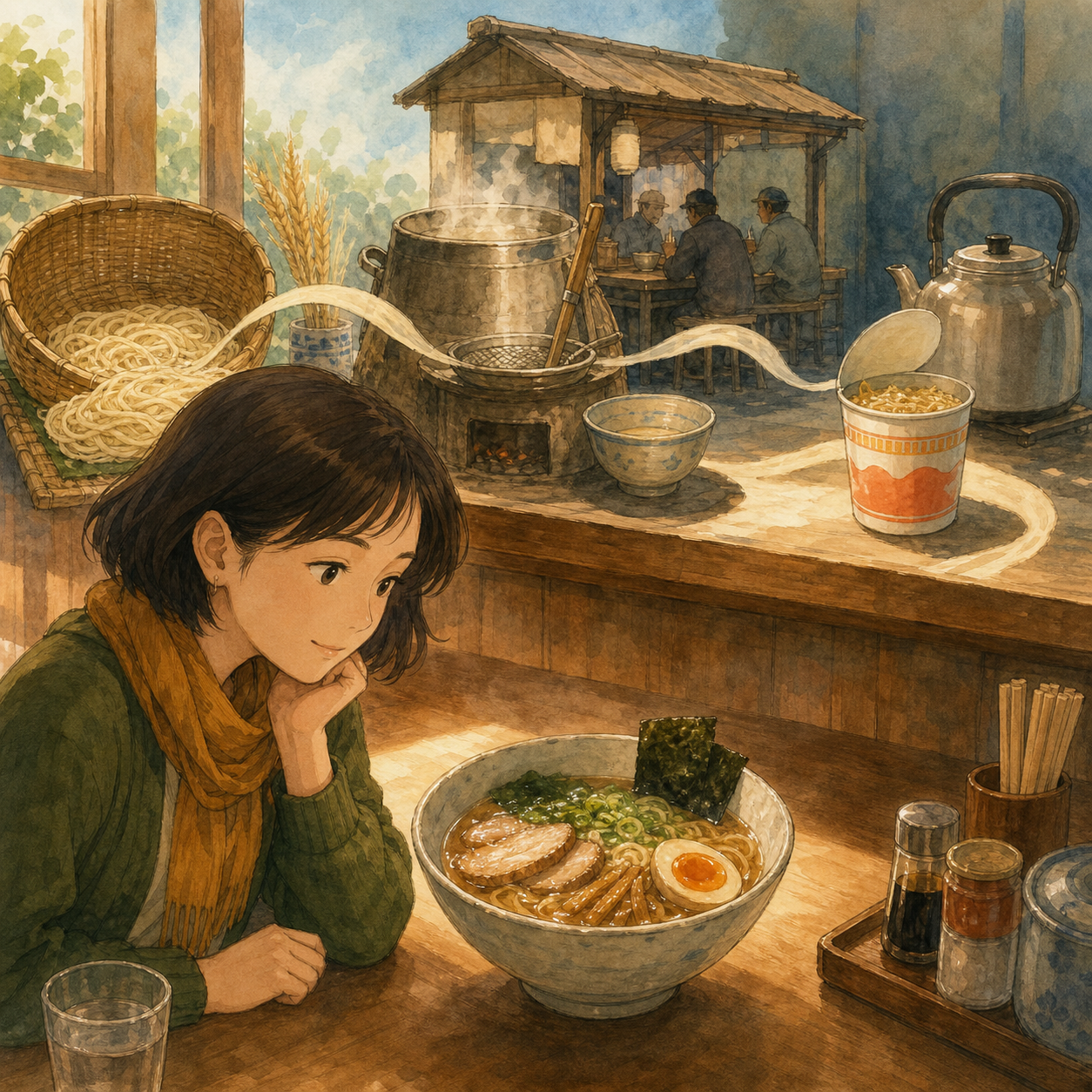 A woman studies a bowl of ramen at a wooden counter where wheat noodles, an old street stall, and an unbranded instant cup suggest the dish’s changing history.
