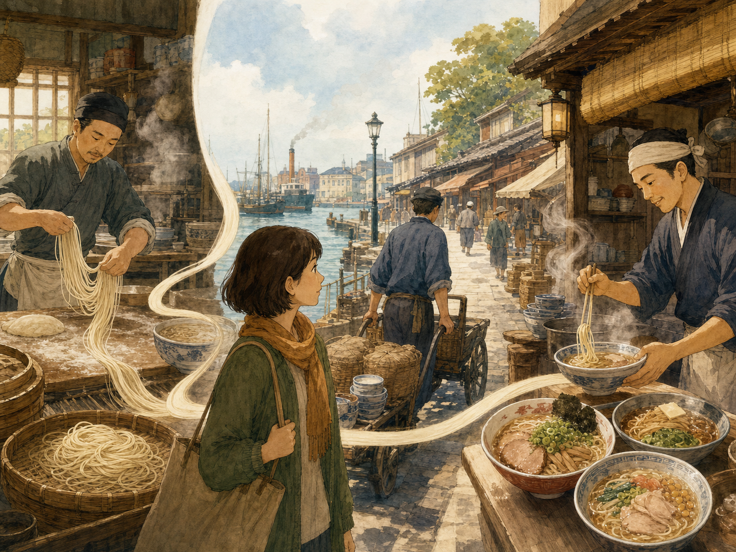 A woman stands between a Chinese noodle maker and a Japanese ramen cook in a port street, linked by a flowing strand of noodles.