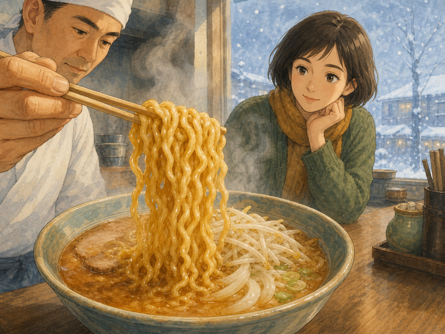 A chef lifts thick crinkled noodles coated in miso broth above bean sprouts and onions as a woman watches beside a snowy window.