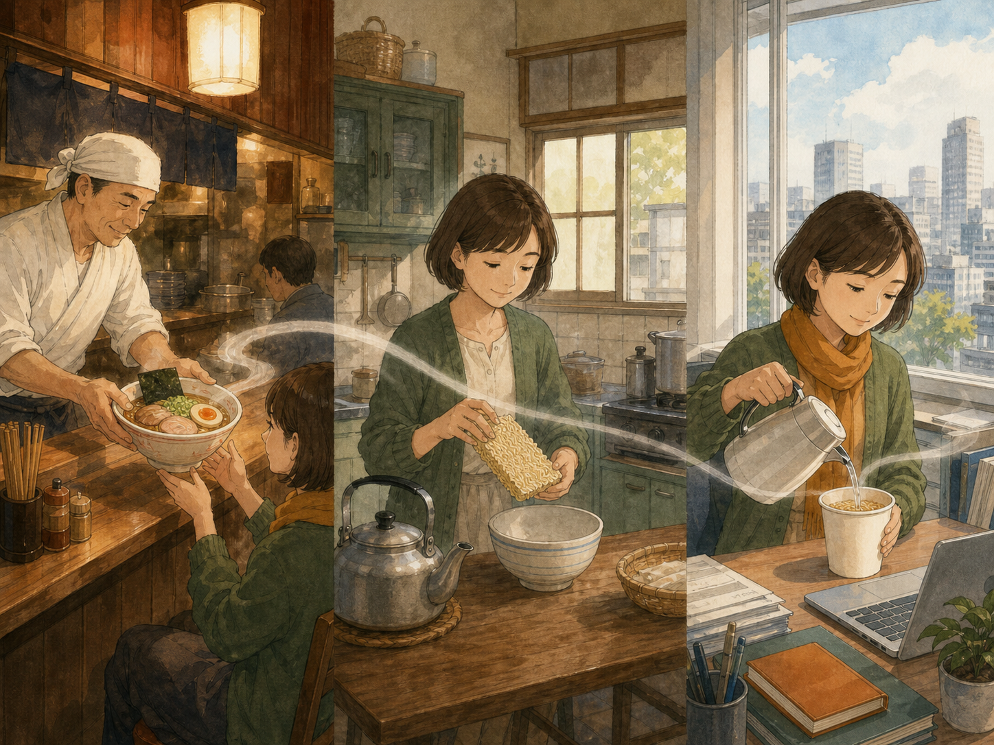 A continuous scene shows a woman receiving restaurant ramen, preparing a dry noodle block at home, and adding hot water to an unbranded cup at work.