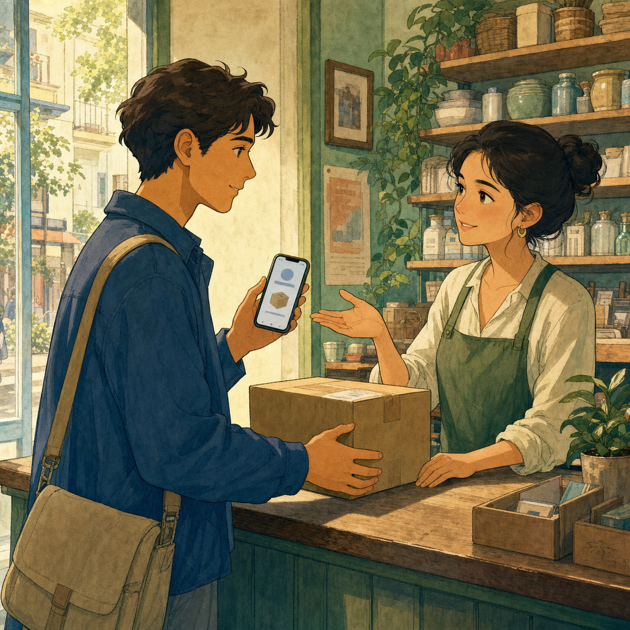 A customer shows an online order confirmation while returning a boxed item to a shop assistant.