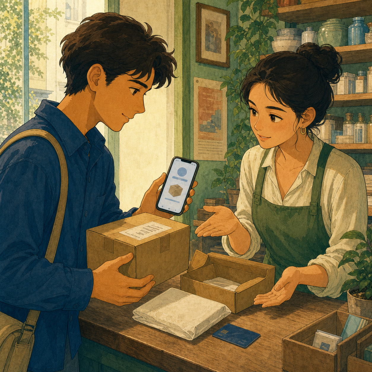 The same customer and assistant check the box, packaging, order confirmation, and payment card.