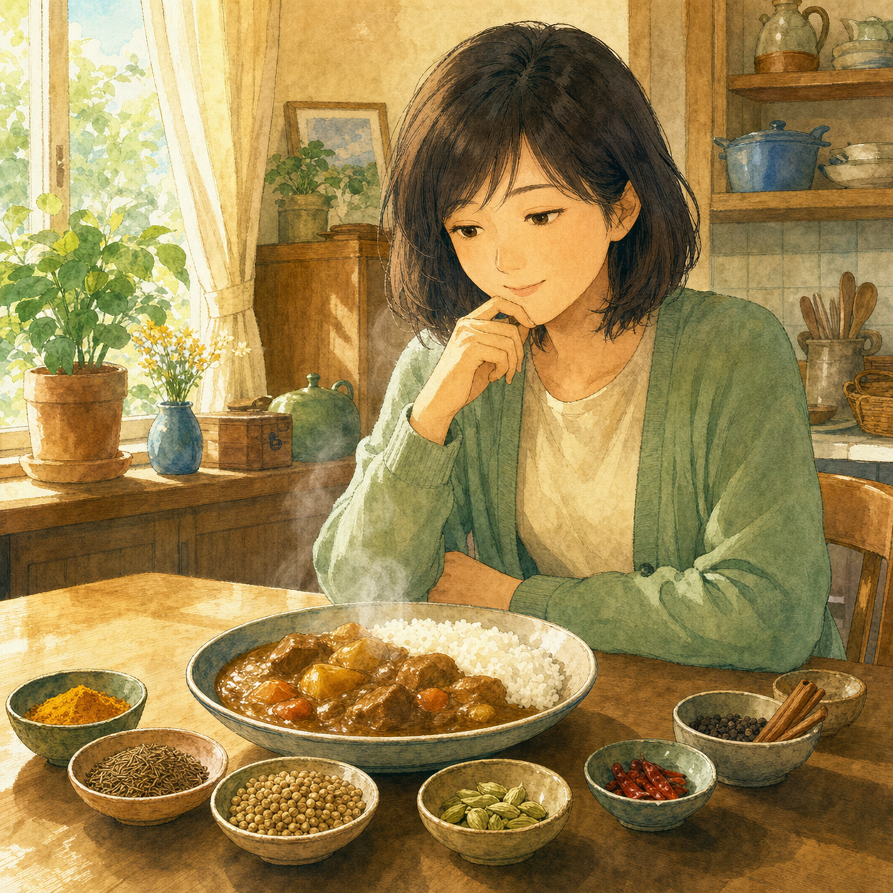 A woman in a sage cardigan studies steaming Japanese curry rice surrounded by small bowls of turmeric, cumin, coriander, cardamom, red chiles, black pepper, and cinnamon in a sunlit kitchen.