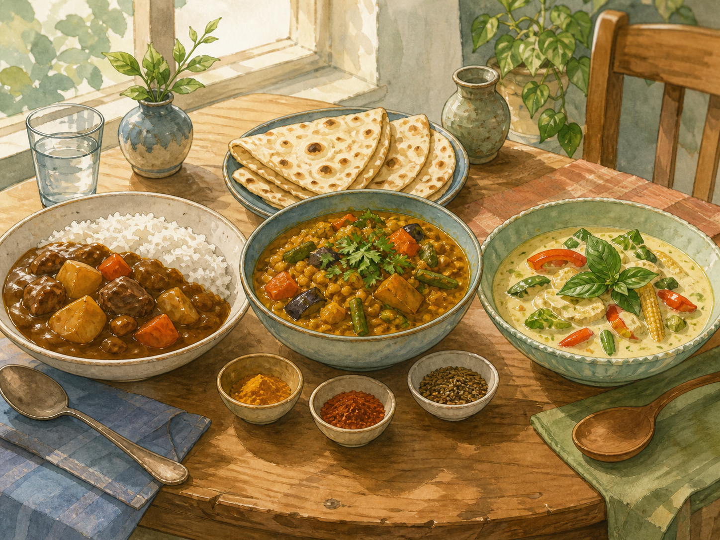 Three curry dishes—thick Japanese curry rice, a lentil-and-vegetable curry with flatbread, and a pale coconut curry with herbs—sit side by side on a sunlit table.