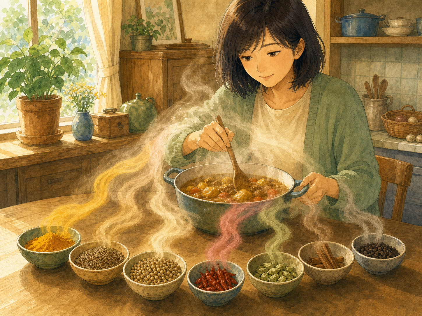 A woman in a sage cardigan stirs curry as colorful aromatic wisps rise from separate bowls of turmeric, cumin, coriander, chili, cardamom, cinnamon, and pepper into the pot.