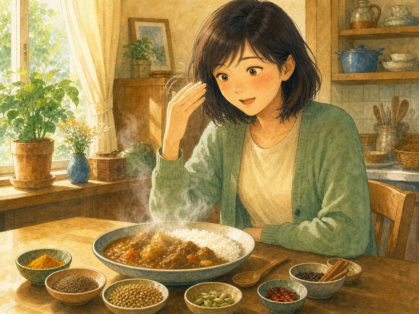 A woman in a sage cardigan smiles with flushed cheeks and a bead of sweat as she fans her face above a steaming plate of Japanese curry.