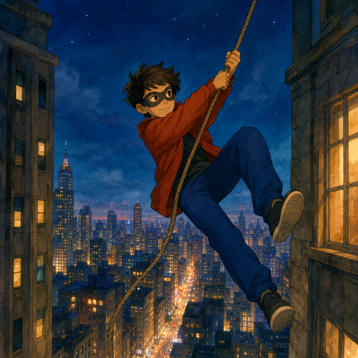 An original masked young city acrobat swings on a rope above warm city lights at night.