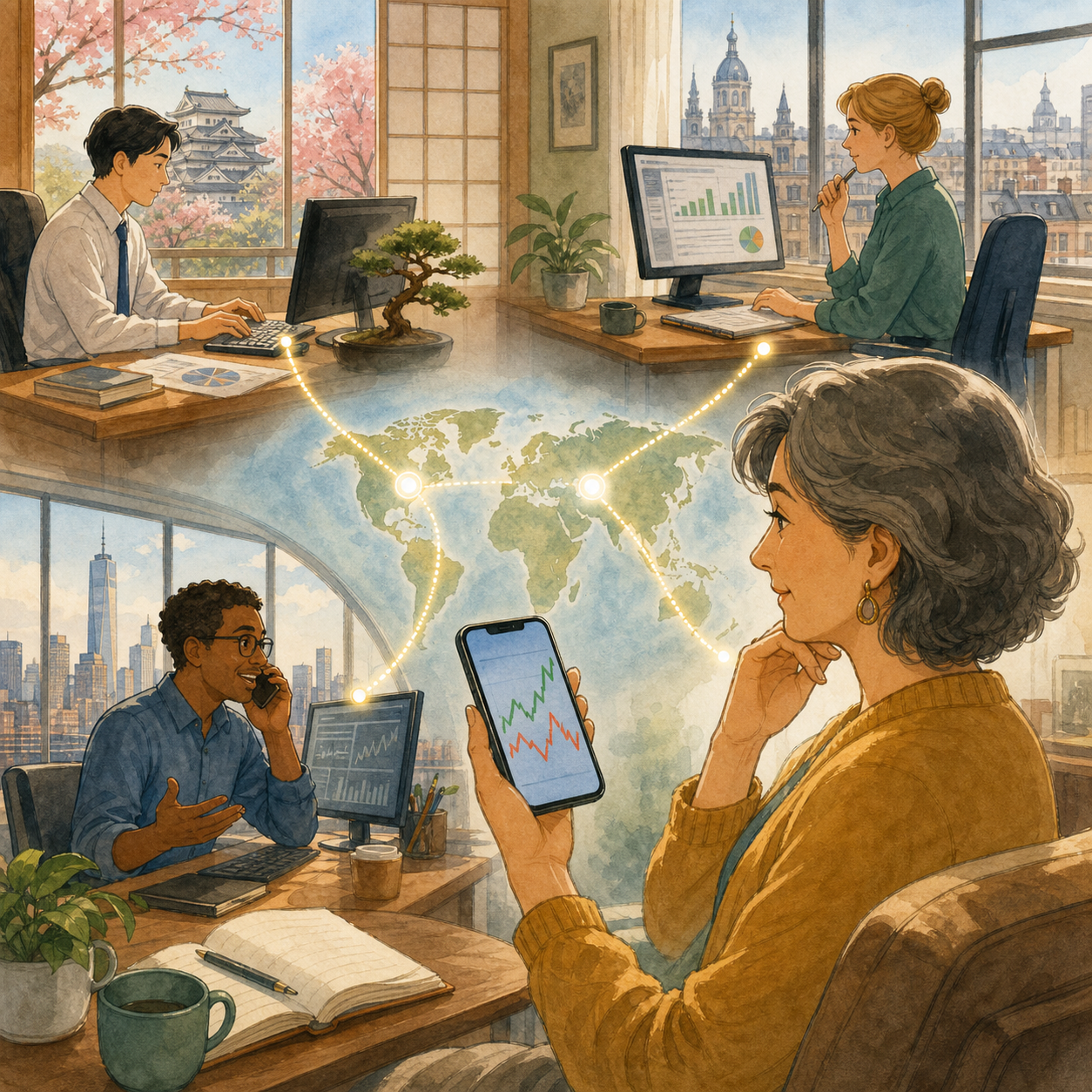 An adult learner connects companies in Japan, Europe, and the USA through a stock chart on a phone.